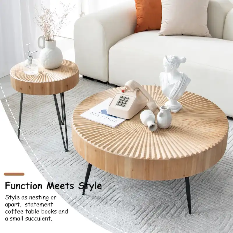 Rustic Cylindrical Wood Veneer Coffee Table – Natural / White / Light Red & Natural
