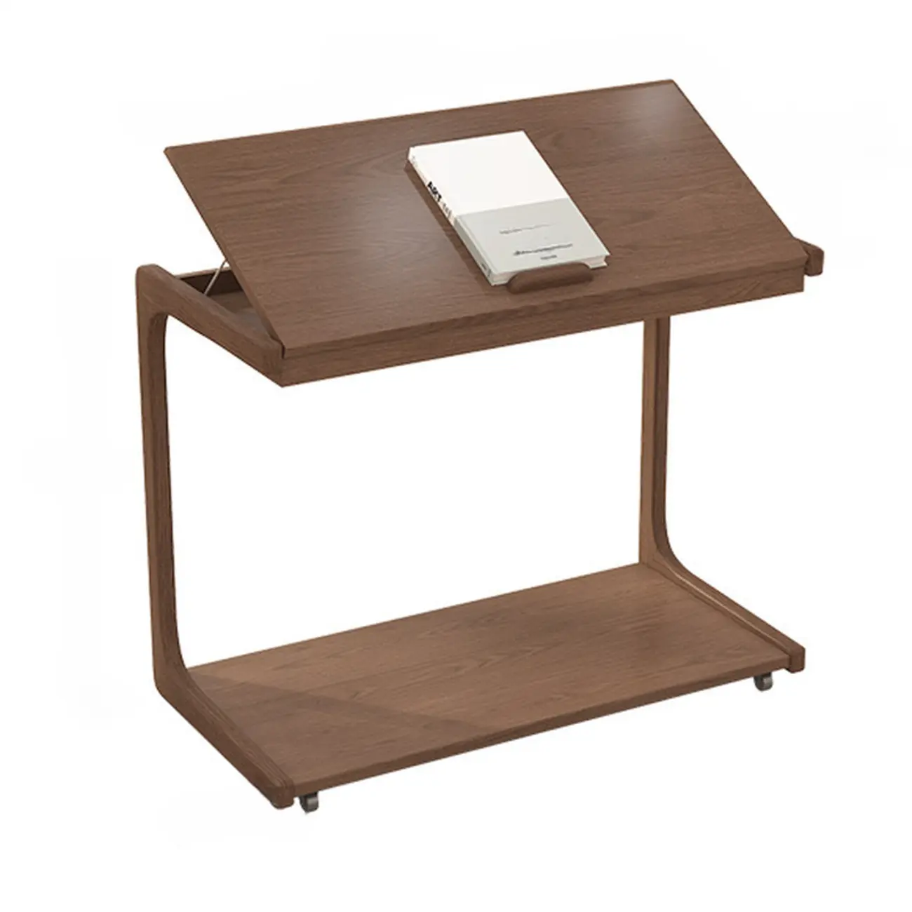 Adjustable Tabletop Wood C Shaped Side Table with Wheels
