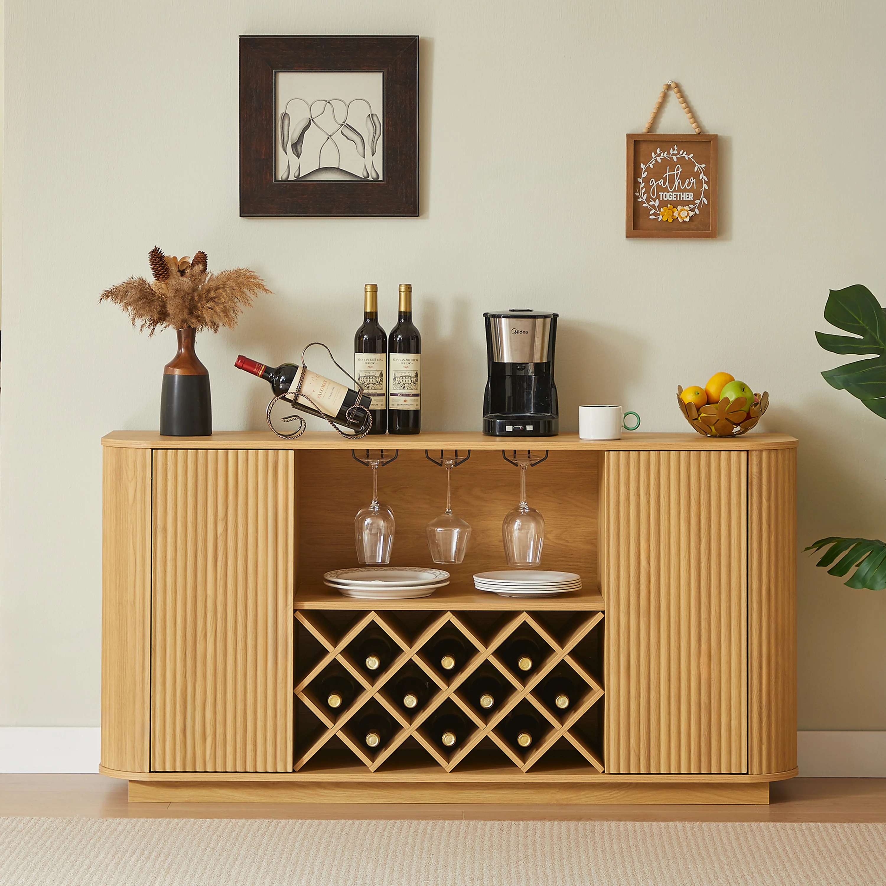 Modern Fluted Curve 58' Wine Rack Bar Cabinet / Sideboard