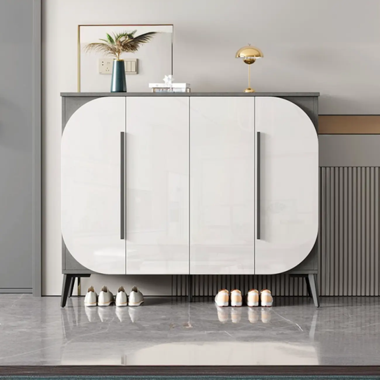 Trendy Gray-White Wooden Shoe Cabinet with Display Top