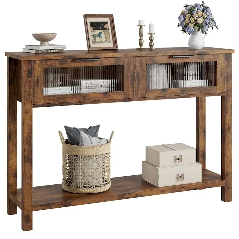 Burly Wood / Rustic Brown / Black Farmhouse Console Table with 2 Glass Drawers & 2-Tier Shelf - Single Use