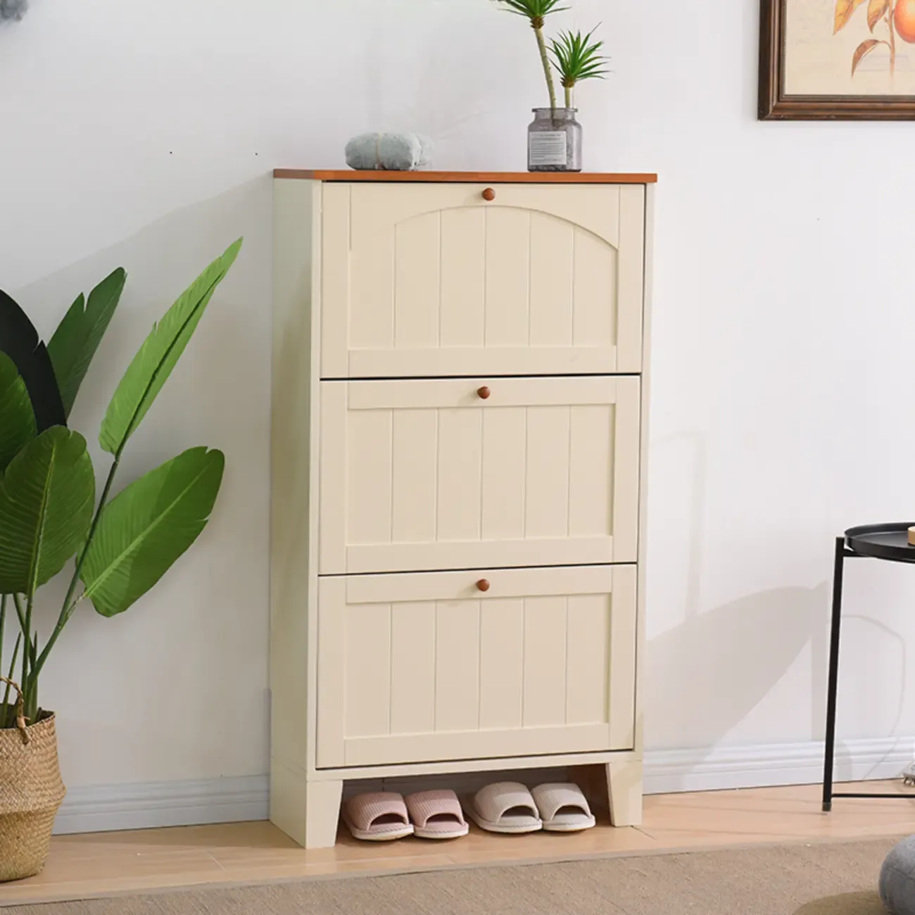 Entryway White/Tawny Wooden Wall-Mounted Shoe Cabinet