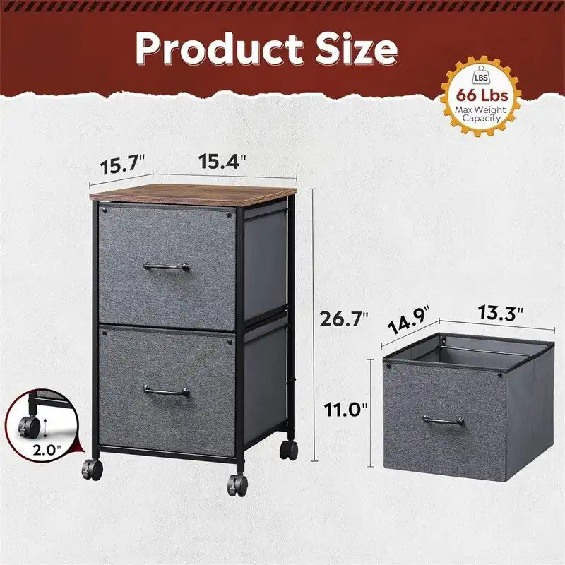 2 Drawer Mobile File Cabinet - 15.7D x 15.4W x 26.8H