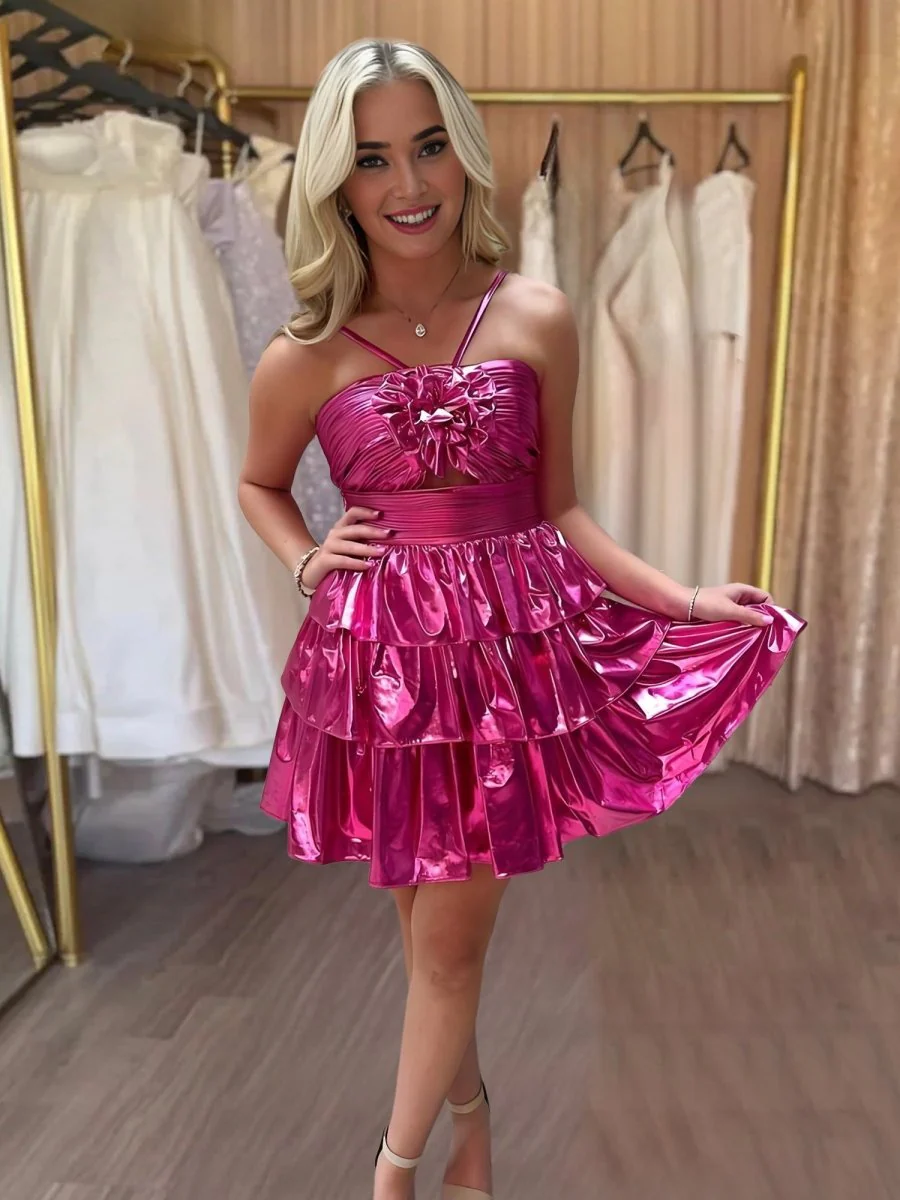 Magenta - Keyhole A Line Metallic Homecoming Dress With Flower