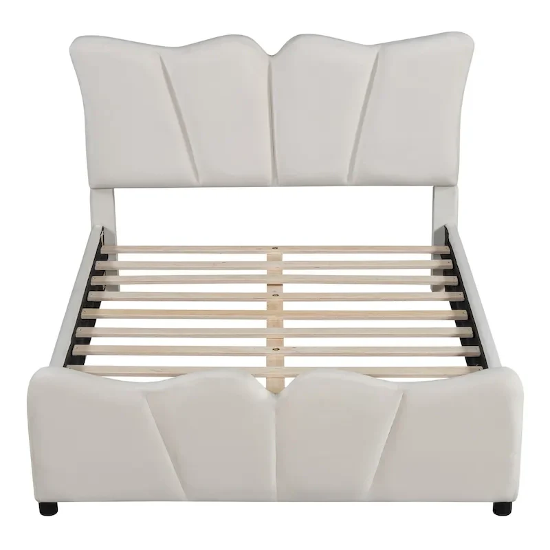 Beige/Grey Velvet Upholstered Platform Bed, Twin/Full, for 1