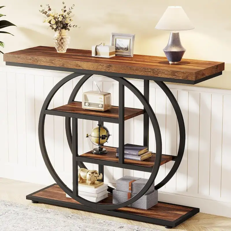 Industrial 4-Tier Sofa Table Entryway Table with Circle Base