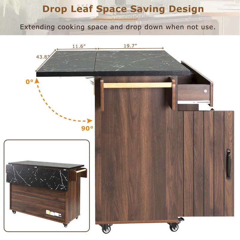 51 in. W Rolling Kitchen Island Cart with Drop Leaf and Tilt-out Trash Can