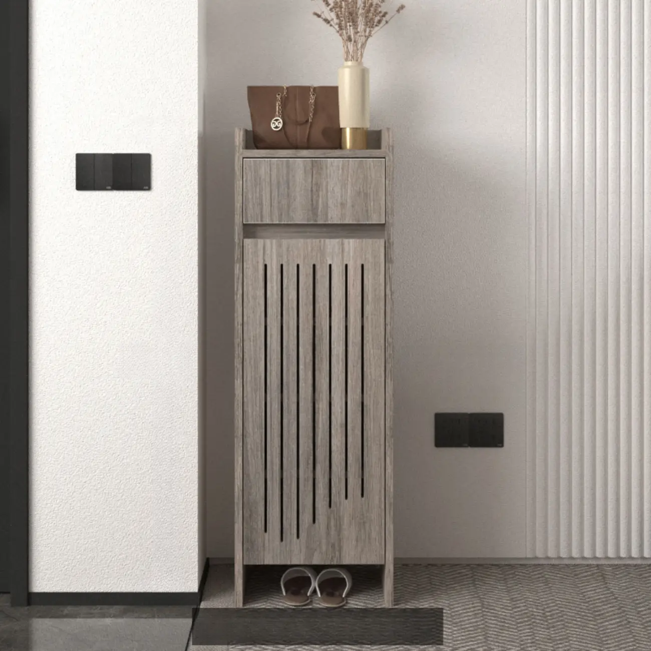 Modern Slim Wood Beige Entryway Shoe Cabinet