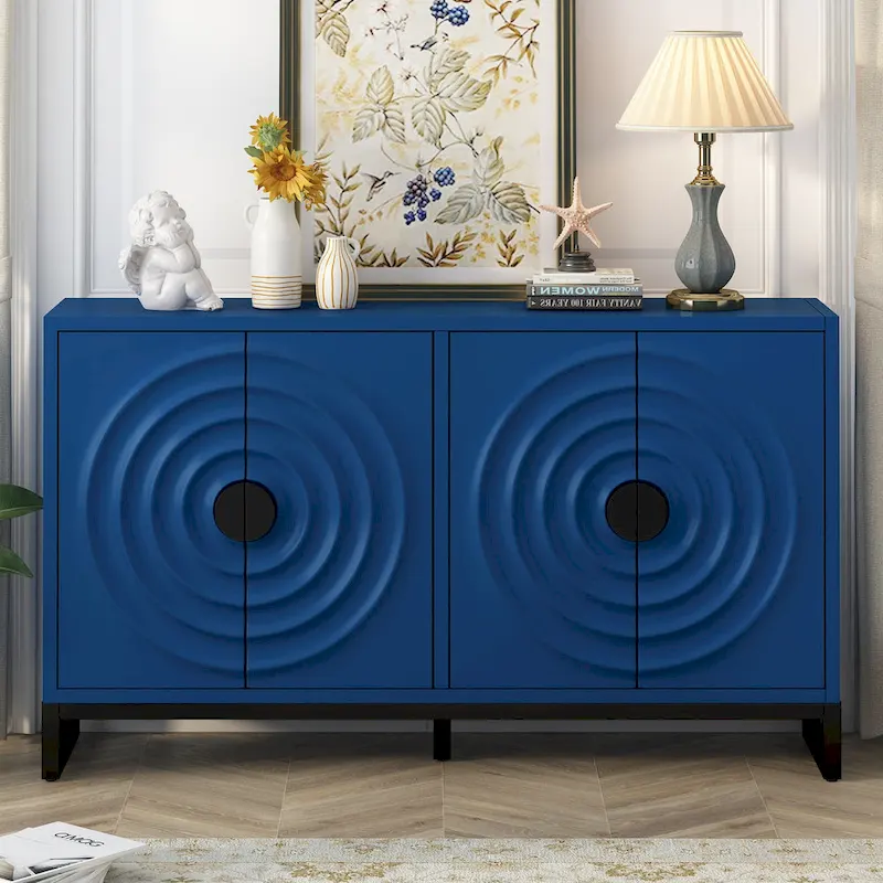 Natural / Black / Navy Blue 4-Door Water Wave Sideboard, 2-Person Assembly