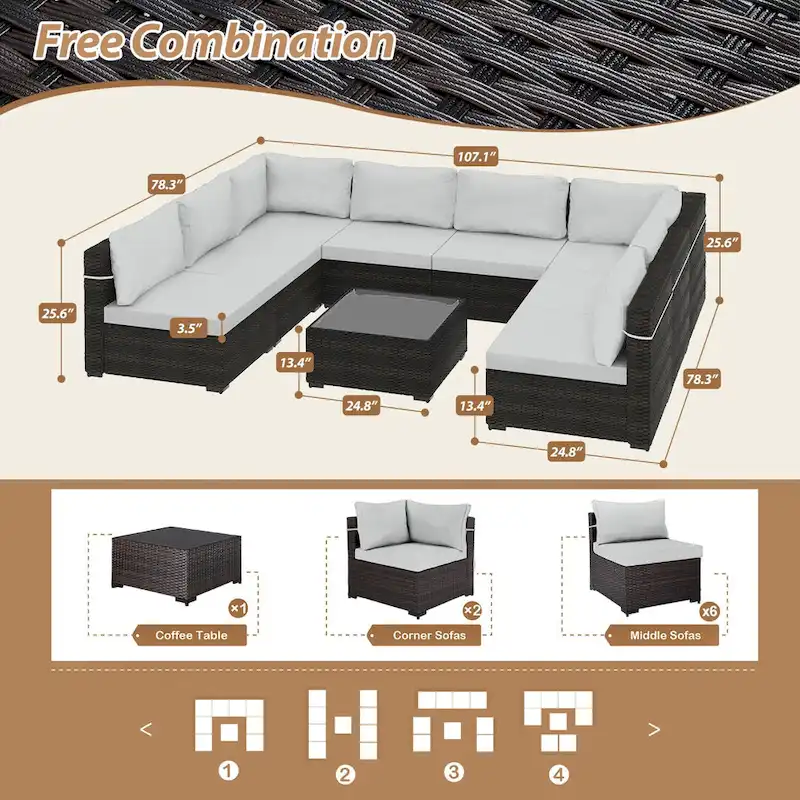UPHA 9-piece Cushioned Wicker Patio Conversation Seating Set