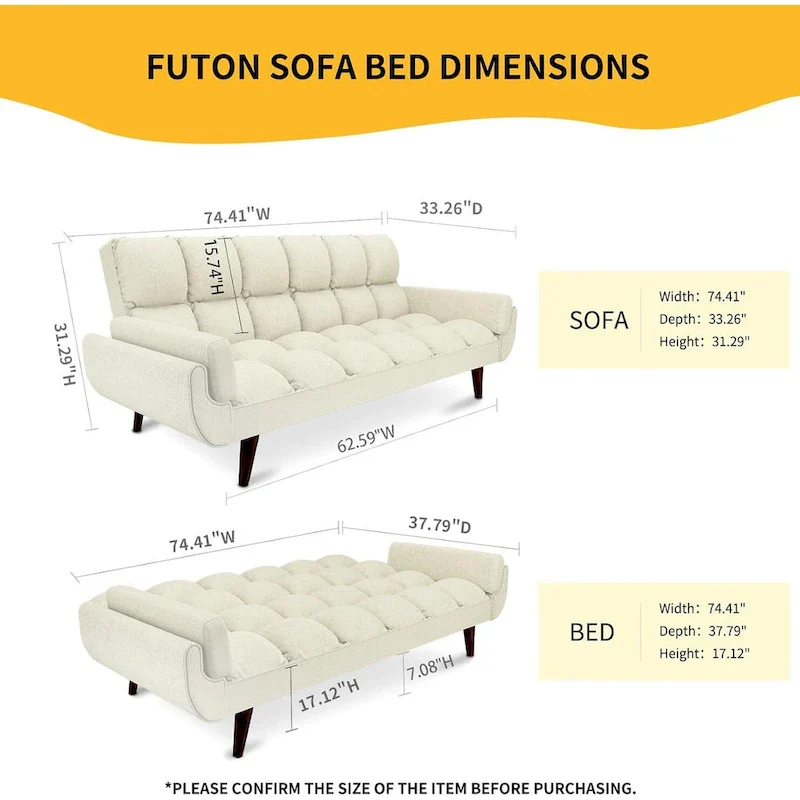 75.39 IN. Futon Sofa Bed, Convertible Upholstered Couch Sleeper with Reclining Sleeper Split Tufted Back