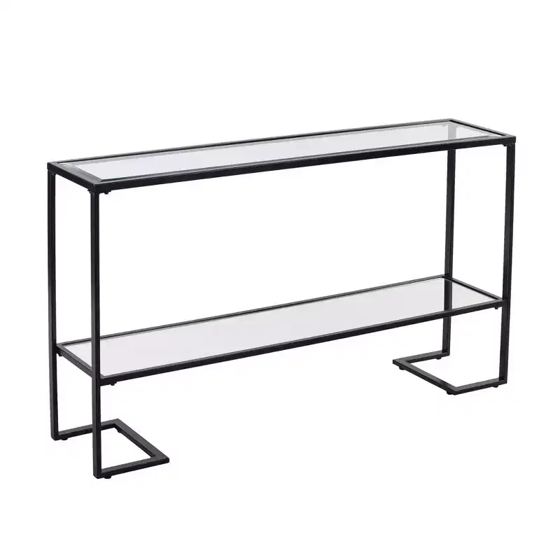 HomeRoots 52 Clear and Black Glass Mirrored Sled Console Table With Shelves