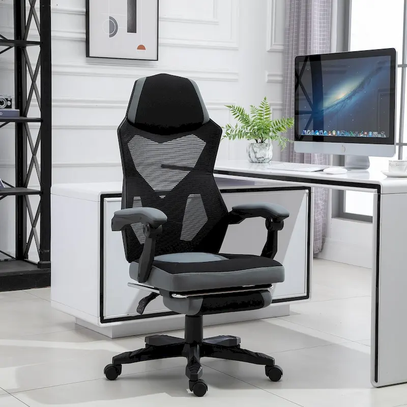 Home Office Chair Adjustable Height Recliner with Retractable Footrest, Mesh Back