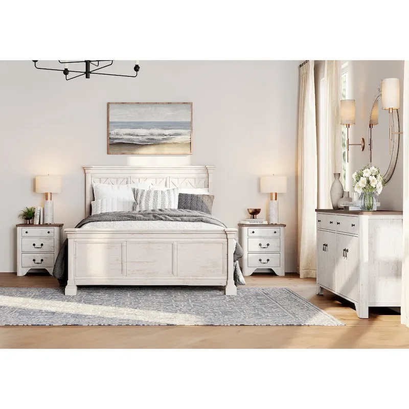 WAMPAT Farmhouse 3PCS Bedroom Set, 59" W Large Sideboard Buffet Cabinet,and Wood Nightstands Set of 2 with Charging Station