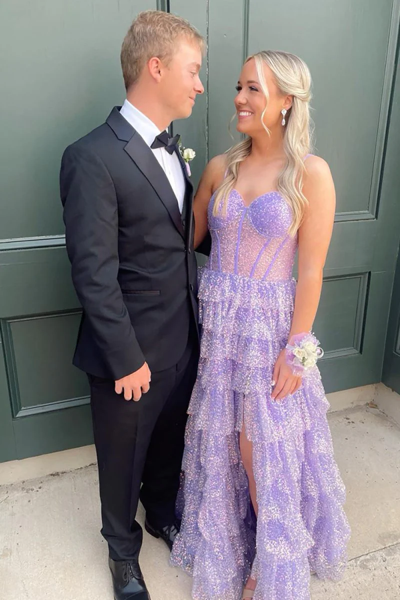 Glitter Tulle Corset Ruffle Tiered Long Prom Dress with Slit