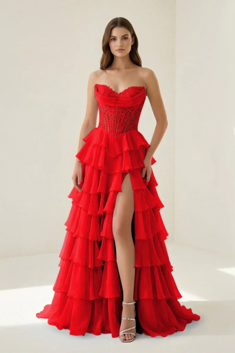 Red - Strapless A Line Chiffon Ruffled Prom Dresses With Appliques