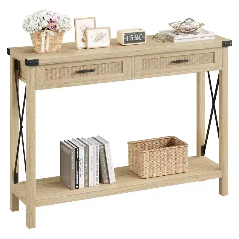 43 Farmhouse Console Table  Rattan Drawers & Metal Frame Sofa Table for Living Room/Entryway/Bedroom