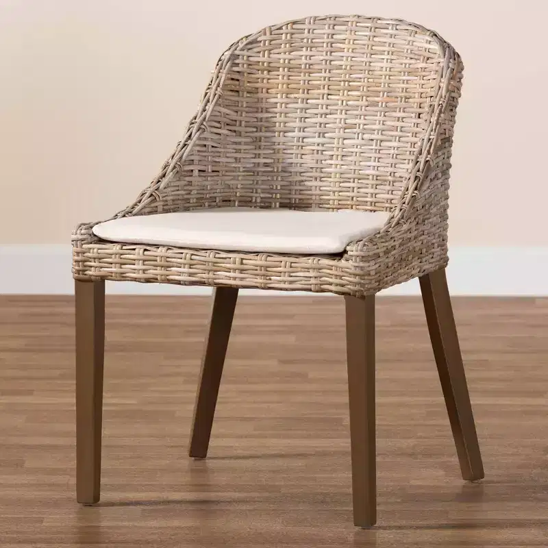 bali & pari Lara Rattan and Mahogany Wood Dining Chair Kubu Gray/Rustic Taupe