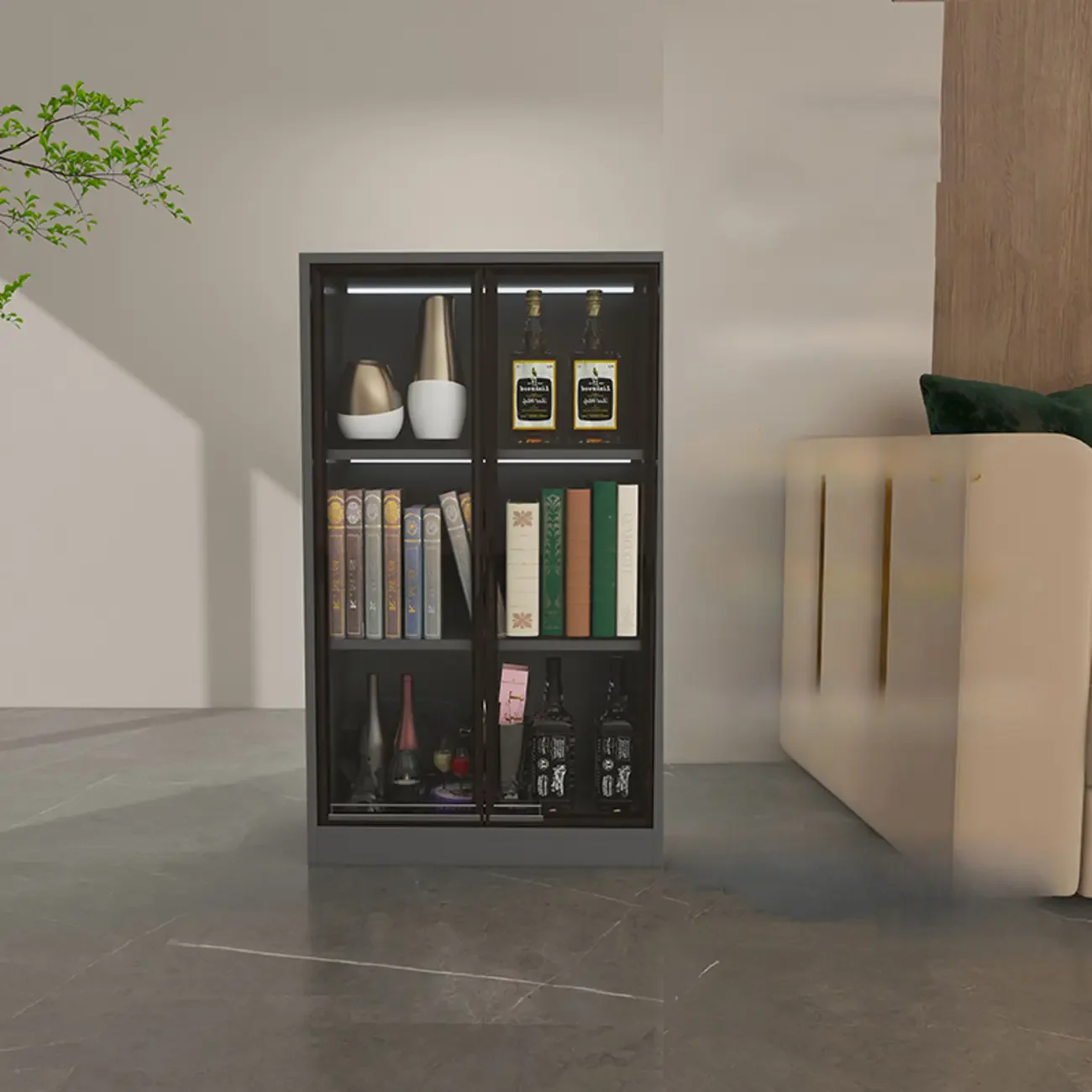 Modern Wooden Glass Door Bookcase with Drawers Storage