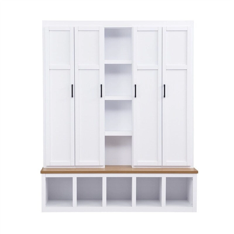 Farmhouse 4-in-1 Hall Tree with Open Display Shelves, Mudroom Shoe Bench with Open Compartments, Entryway Coat Rack with 6 Hooks