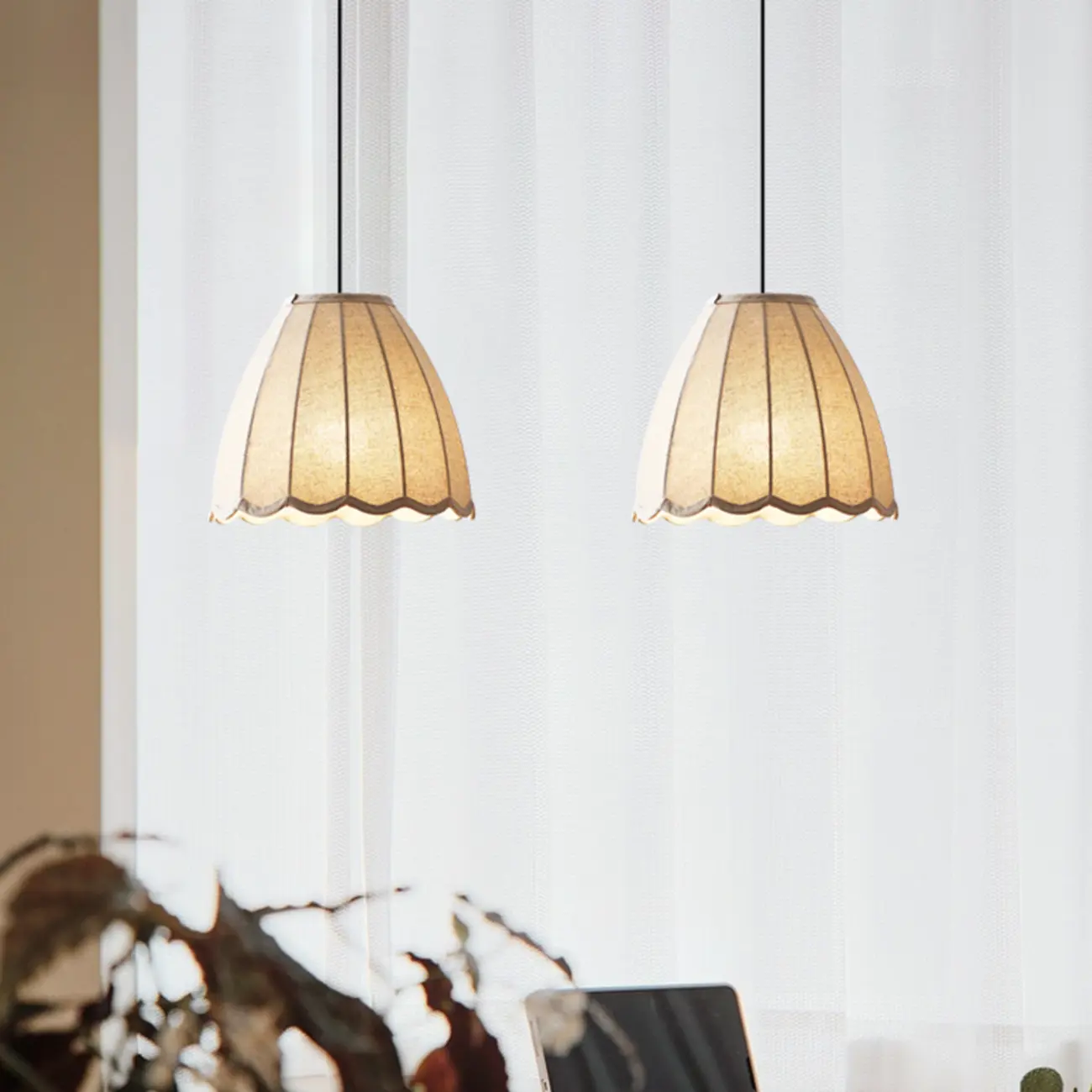 Beige Bell Shaped Fabric Pendant Light Hanging Fixture