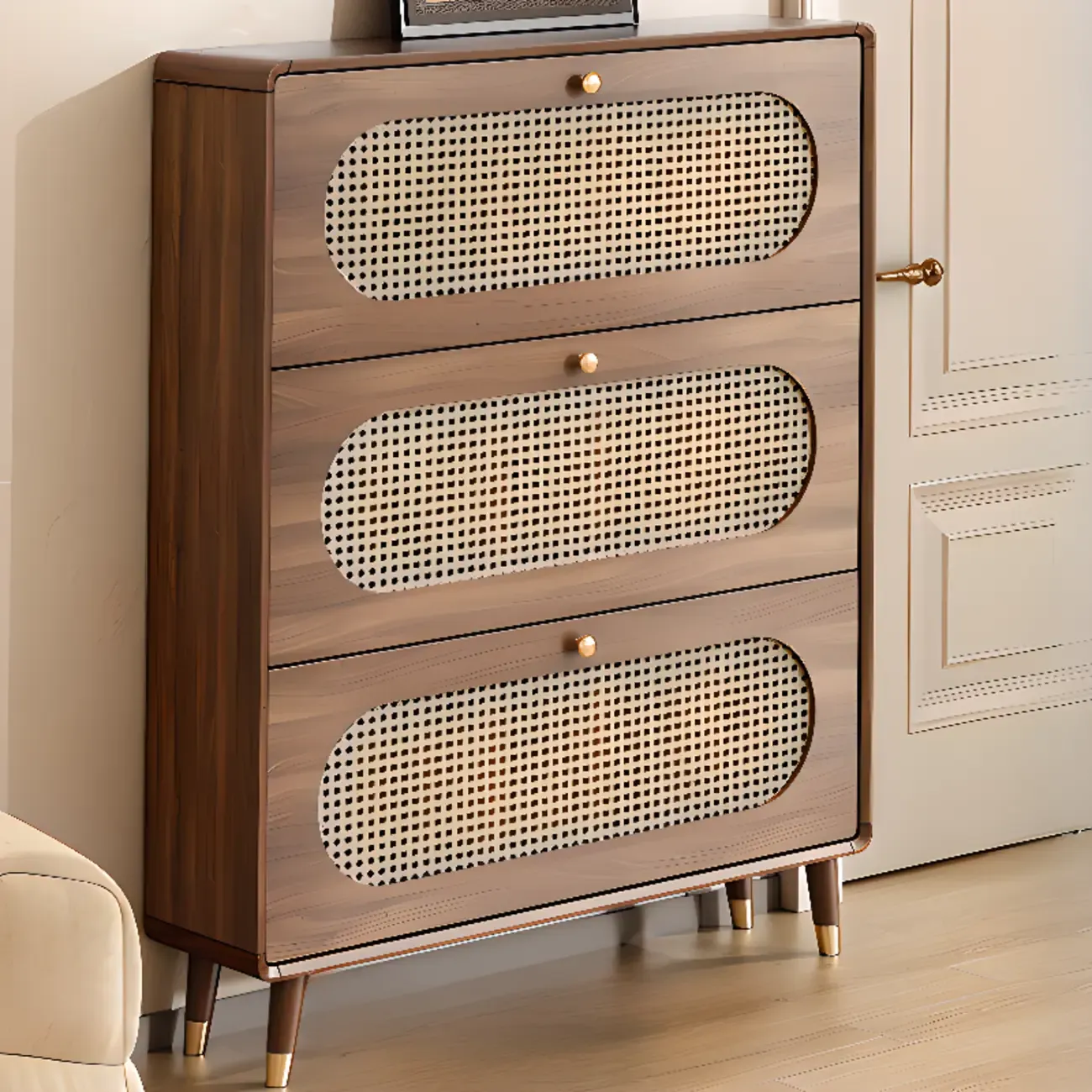 Bohemian Slim Brown Drop-Front Wood Shoe Cabinet