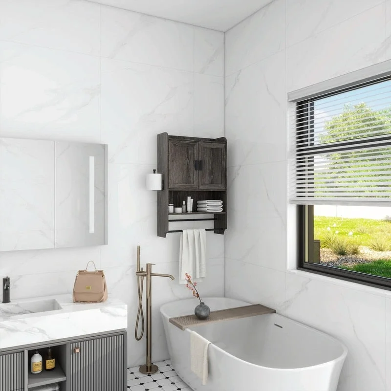 Bathroom Wall Cabinet with Adjustable Shelf, Towel Bar, and Paper Holder