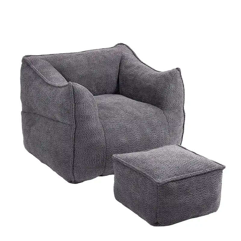Boucle Upholstered Deep Seat Armless Square Bean Bag Chair with Ottoman