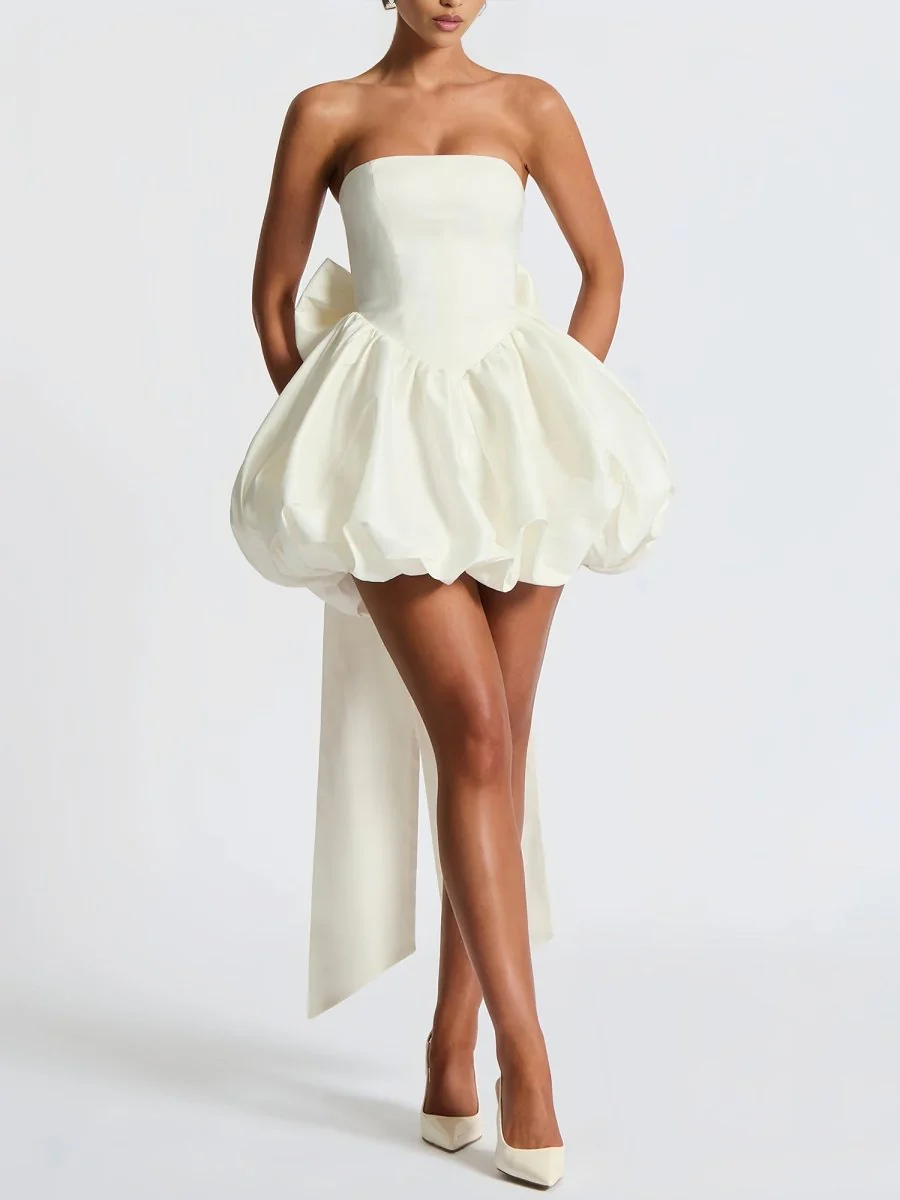 White - Strapless A Line Satin Short Homecoming Dress With Bow