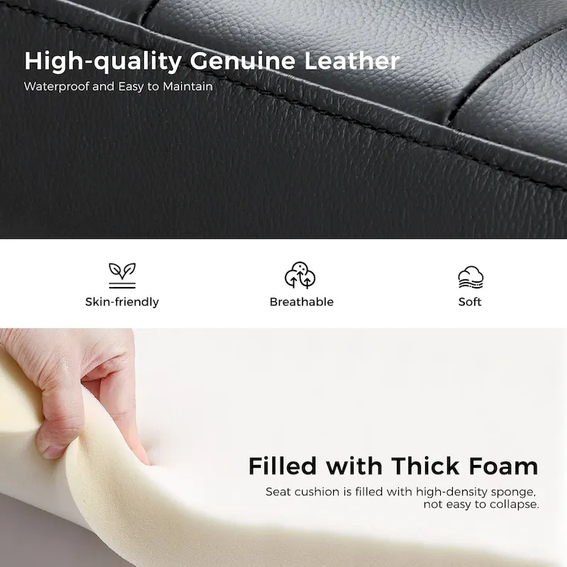 Genuine Leather Tufted Bench with Solid Wood Base