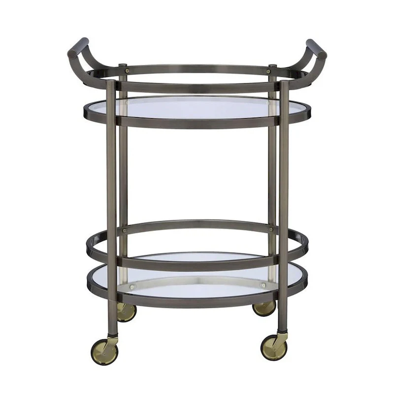 Oval Shaped Metal Serving Cart with 2 Shelves, Silver - 34 H x 19 W x 27 L Inches