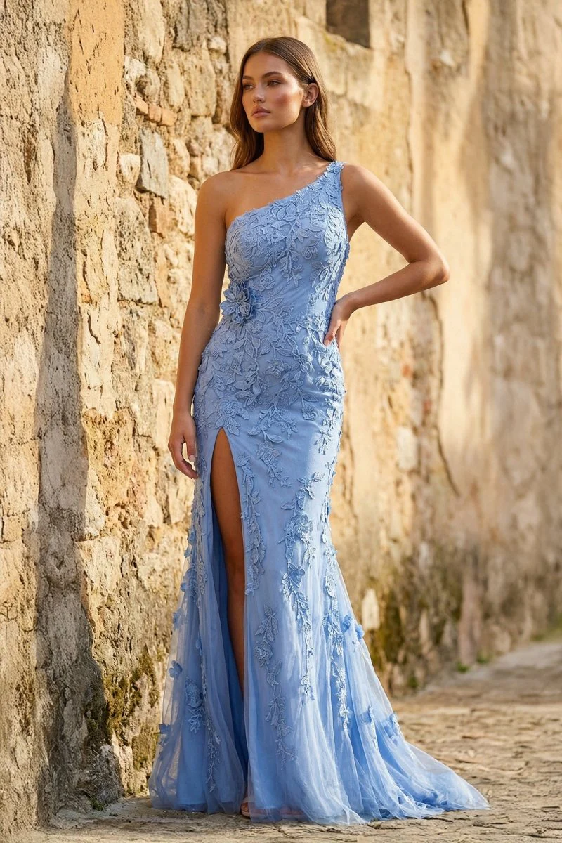 Mermaid One Shoulder Lace Long Prom Dress with Slit