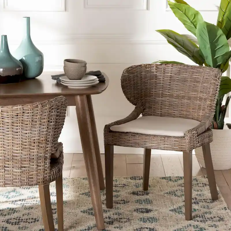 Grey Bohemian Rattan & Wood Dining Chair, Single