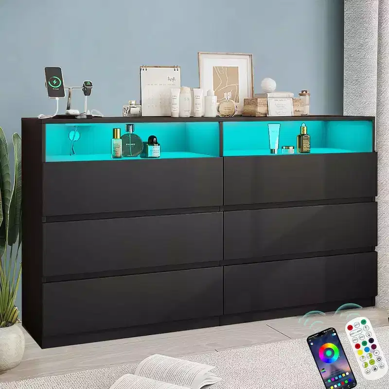 Dyonery 6-Drawer Double Dresser with Power Outlet & LED Lights, Wide Storage Chest with Open Shelving,Black