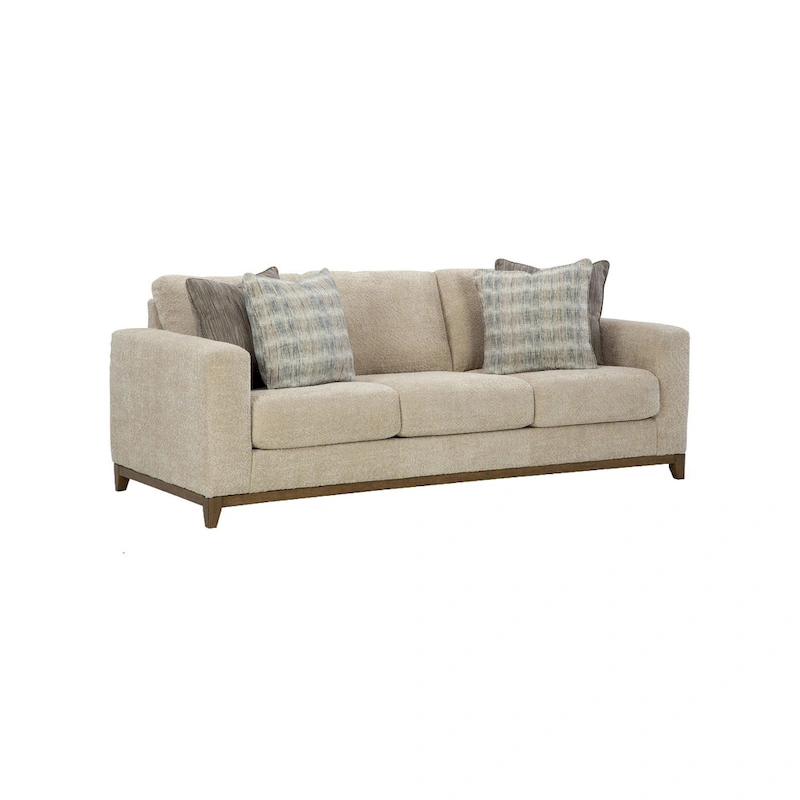 Klyn 93 Inch Sofa, 4 Accent Pillows, Faux Wood Feet, Beige Polyester