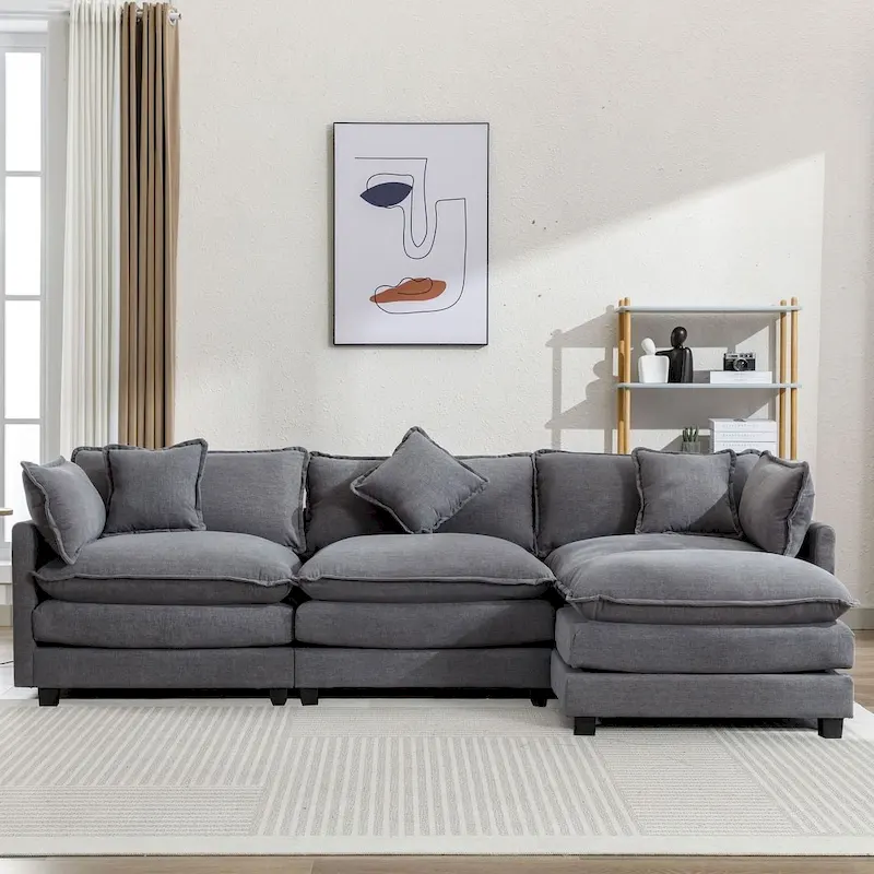 112 Modern L-Shape Chenille Upholstered Sofa with 5 Pillows