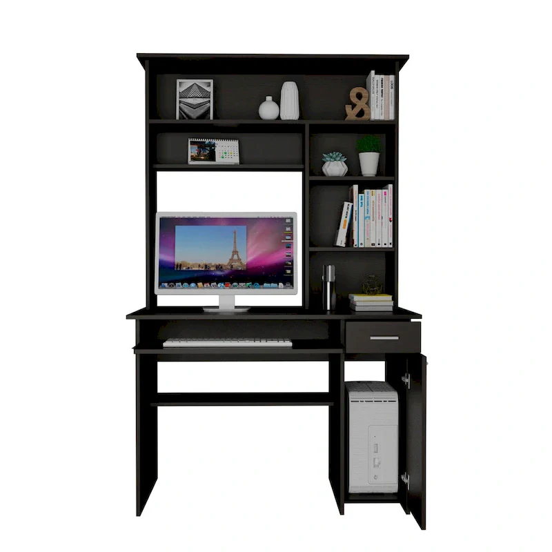 Compu 180 Hutch Desk with 5 Shelves, Retractable Keyboard Tray, CPU Panel, and Drawer
