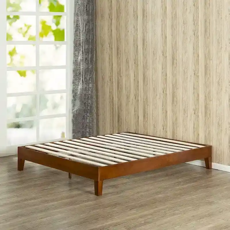 Steel and Wood Full-Size Platform Bed – Brown, Slat Design, 12