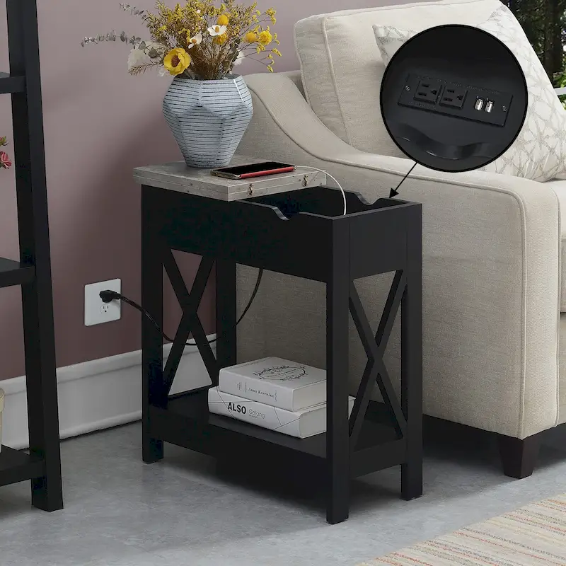 Flip-Top End Table with Built-In Charging Station and Lower Shelf