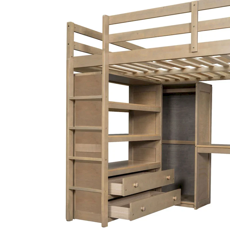 White Full Size Loft Bed with Desk, Wardrobe & Storage, for 1