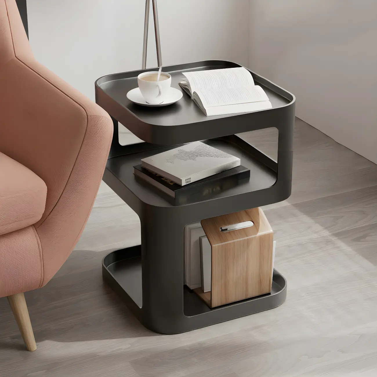 Modern Square Metal Side Table with Storage Shelves