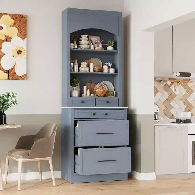 83.7H Kitchen Pantry, Freestanding Kitchen Hutch with Faux Marble Top, Cupboard Cabinet with 5 Drawers and Adjustable Shelf - ModernLuxe
