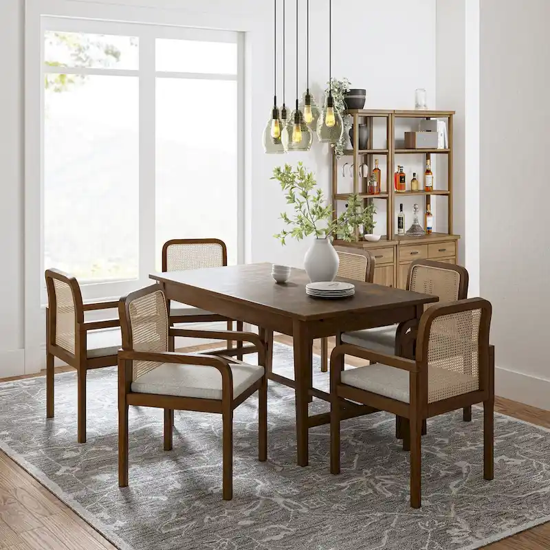 Modern Rattan Back Dining Chair with Removable Linen Cushion