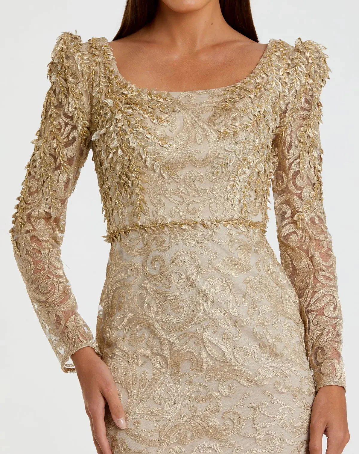 Gold Embroidered Lace Applique Shoulder Detail Trumpet Gown