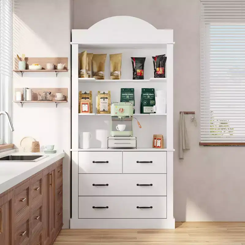 Hitow Freestanding Kitchen Pantry Cabinet Kitchen Storage Hutch with 4 Drawers/Open Shelves Organizer Cabinet for Kitchen & Coffee Bar
