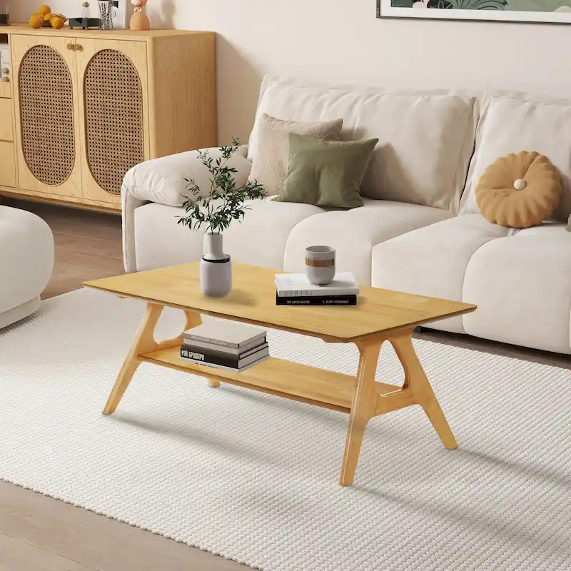 Roundhill Furniture Arona Mid-Century Modern Wood Coffee Table with Shelf