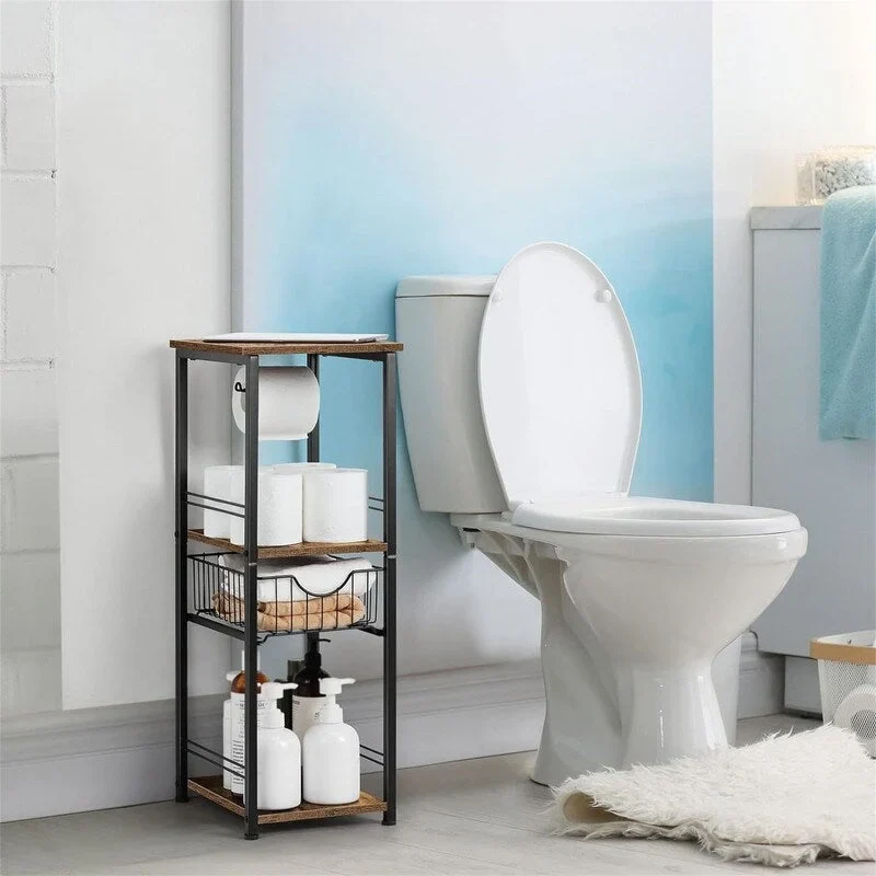 Freestanding Bathroom Storage Cabinet with Drawer & Toilet Paper Holder — Black / Rustic / Oak, 1-Person Assembly