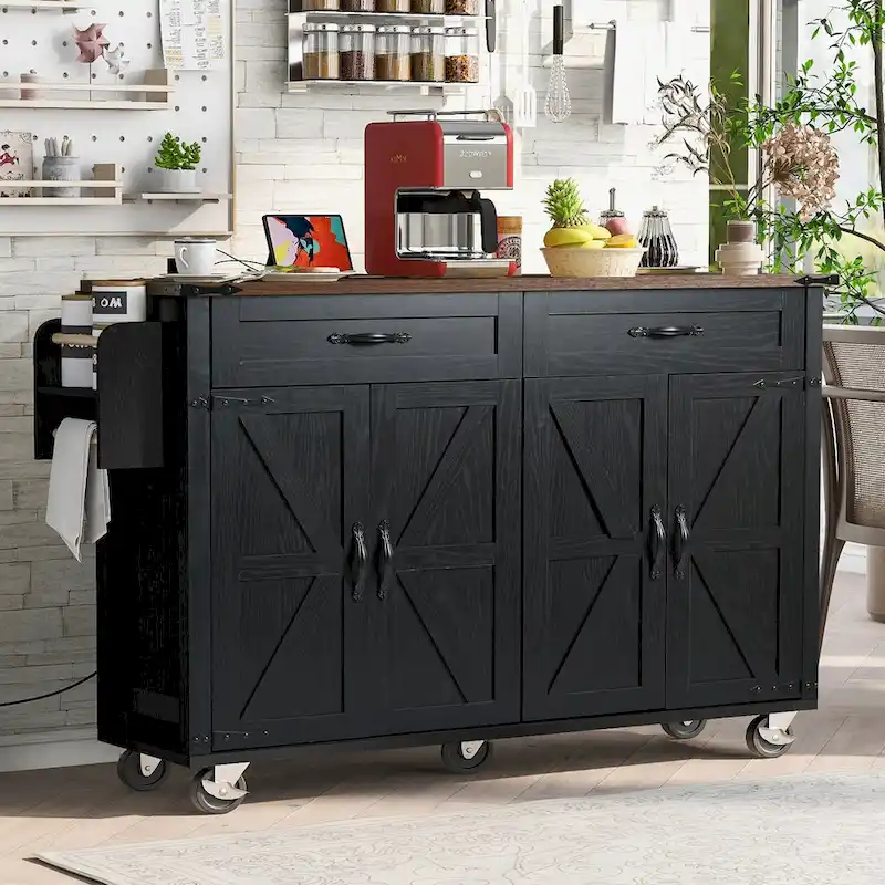 53.5 Farmhouse Kitchen Trolley with Power Outlet, Drop Leaf, Spice Rack, and Drawers, Mobile Cart on Wheels