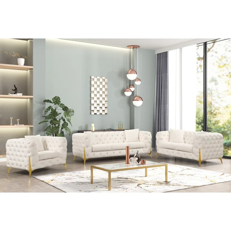 3 Pieces Mid-century Modern Buckle Fabric Living Room Sofa Set Sectional