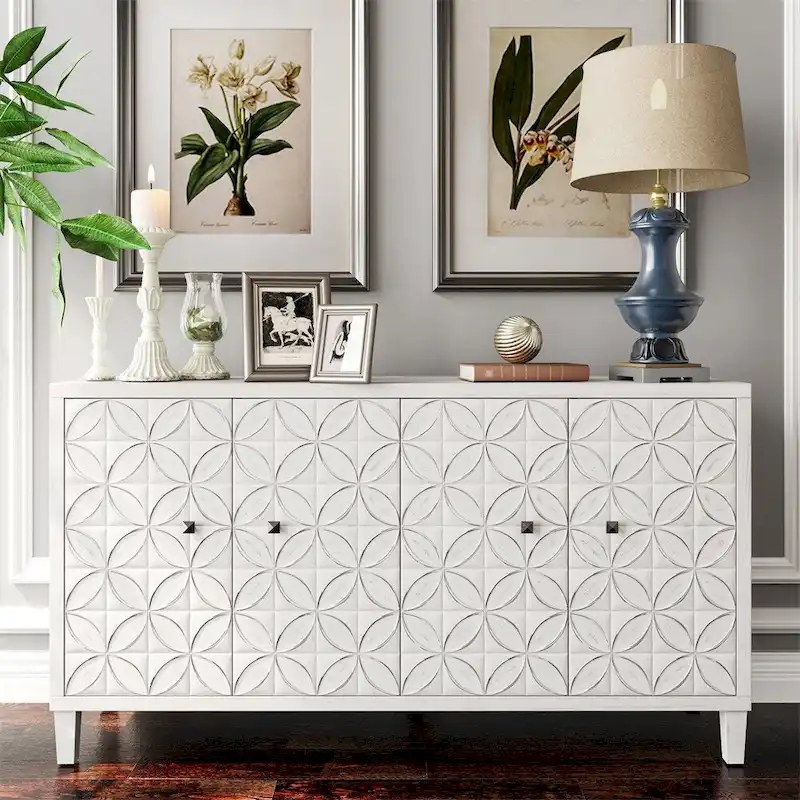 White Washed 4-Door Sideboard Buffet Cabinet – 1 Person Assembly
